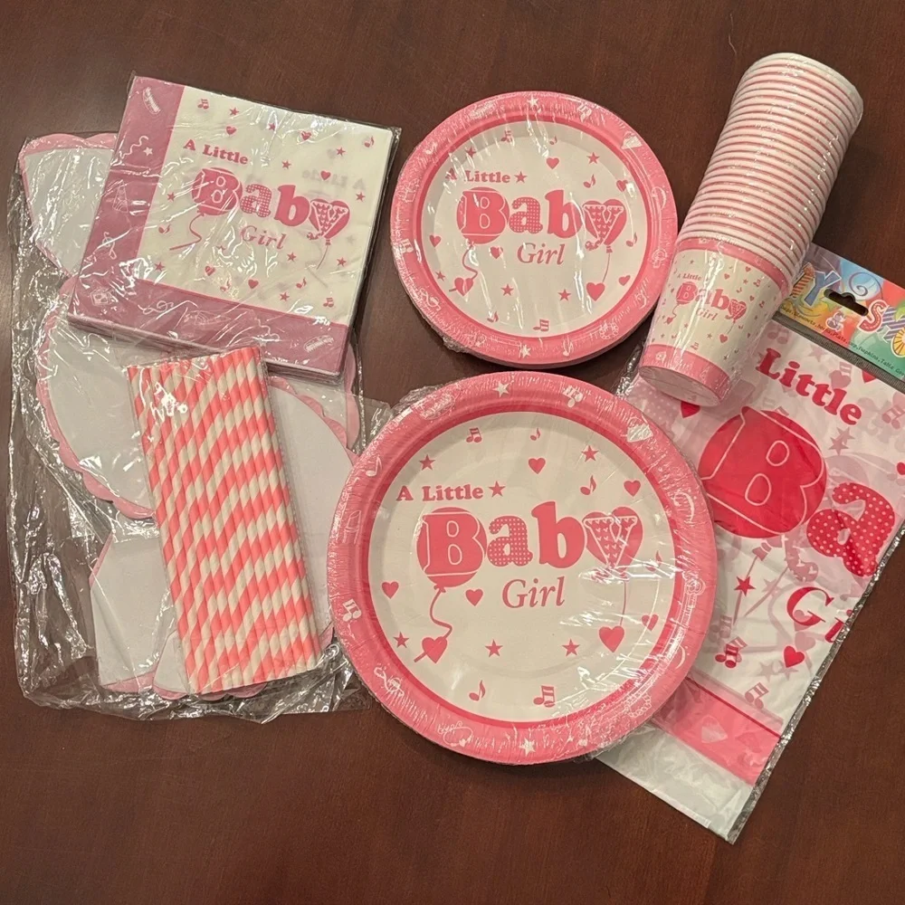 Brand New Baby Shower Party Supplies Plates Cups Napkins for 24 Guests Pink Girl